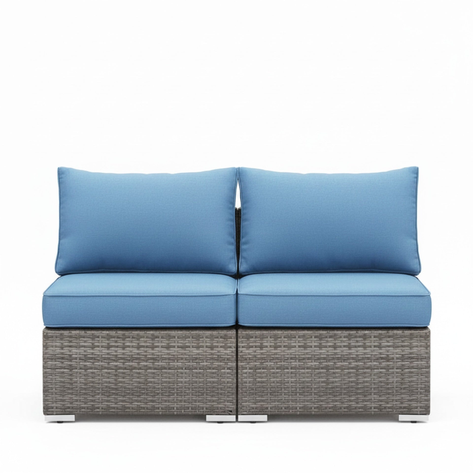 59.8"Width Outdoor Wicker Armless Sofa Set, 2-Piece Patio Loveseat Set with Blue Cushions