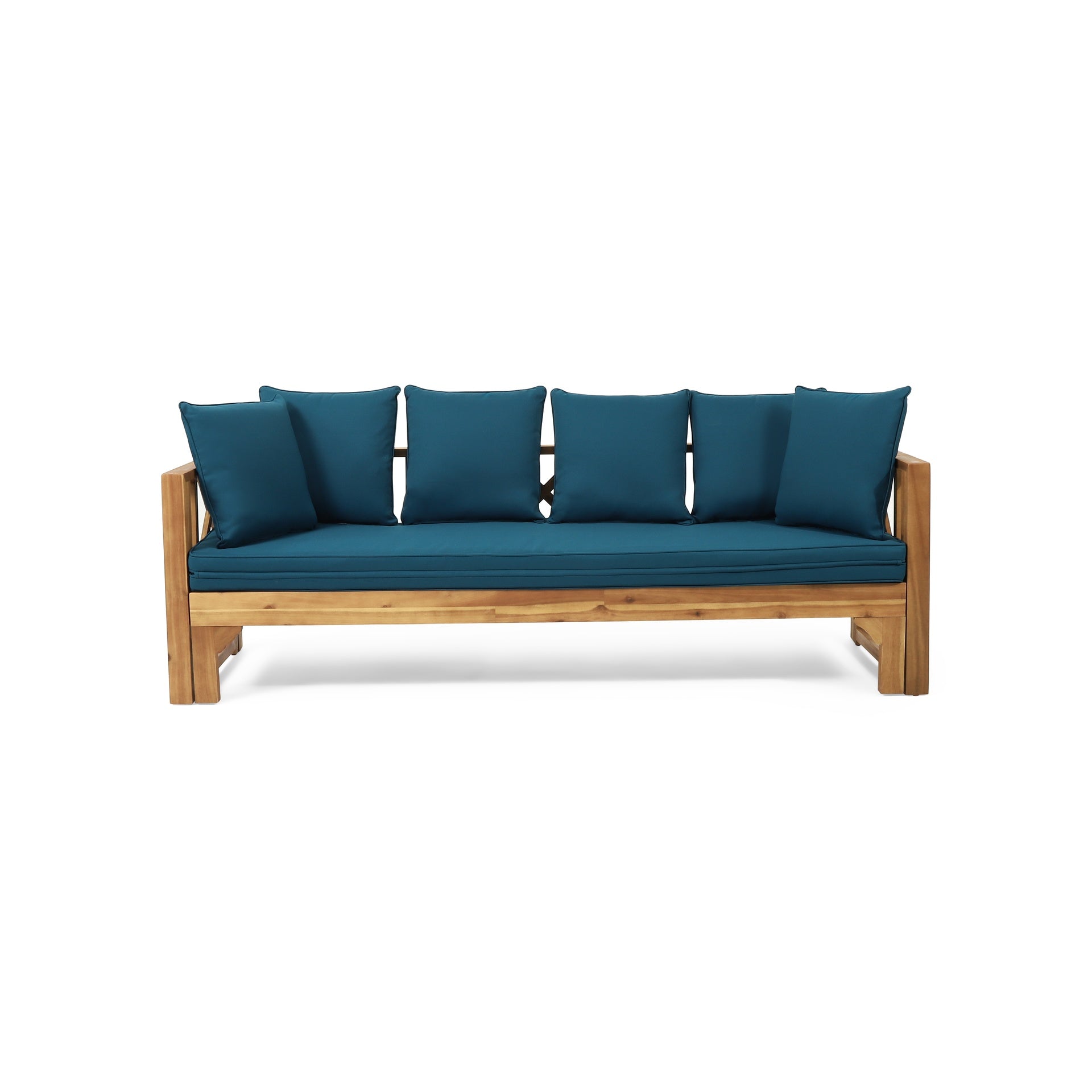 Outdoor Extendable Acacia Wood 3 Seater Sofa, Upholstered Cushion Couch, Daybed Sofa Chair, Spacious Seating Lounge Chair, Patio Daybed Sofa for Garden Yard