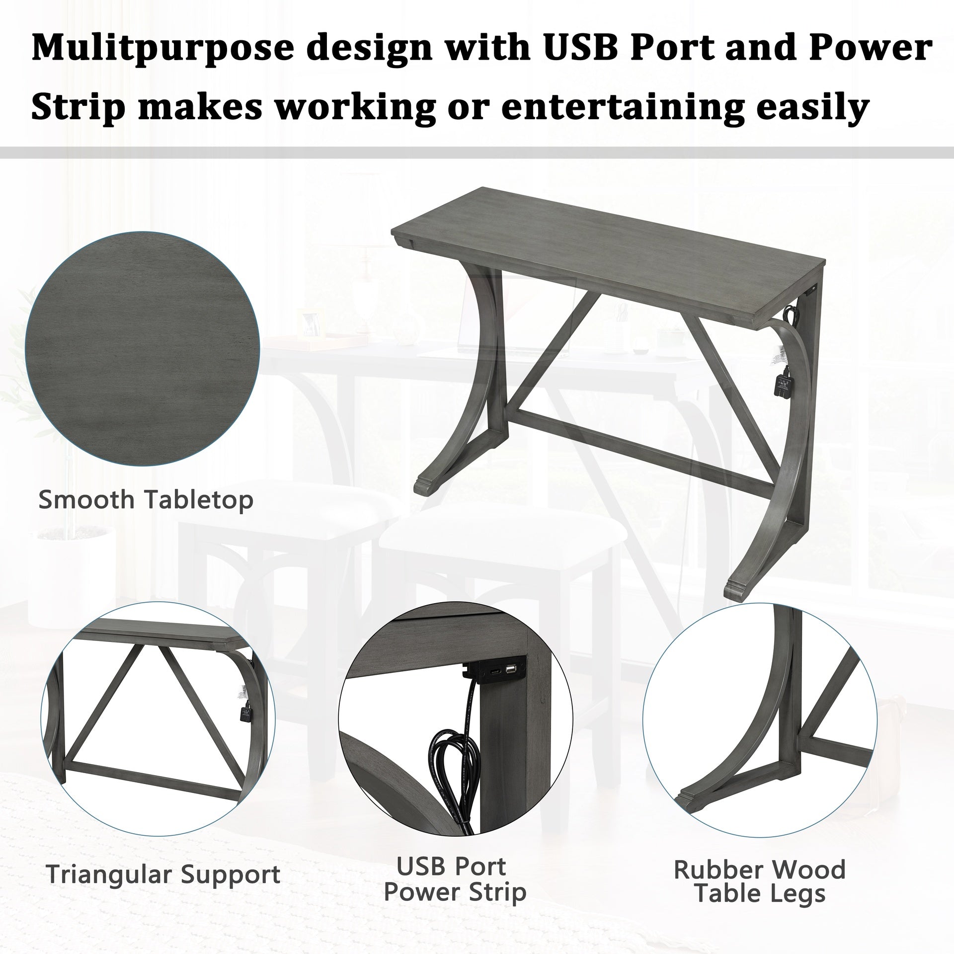 TOPMAX Farmhouse 3-Piece Counter Height Dining Table Set with USB Port and Upholstered Stools,Gray