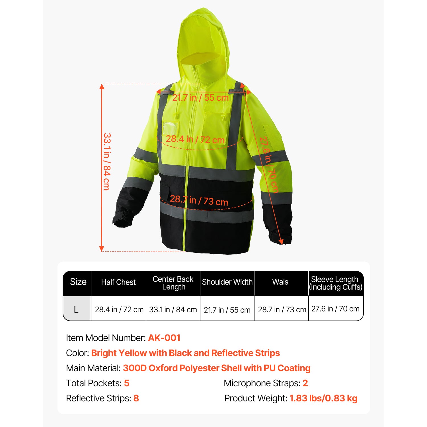 High Visibility Reflective Safety Jacket Waterproof Hoodie Yellow with Black L
