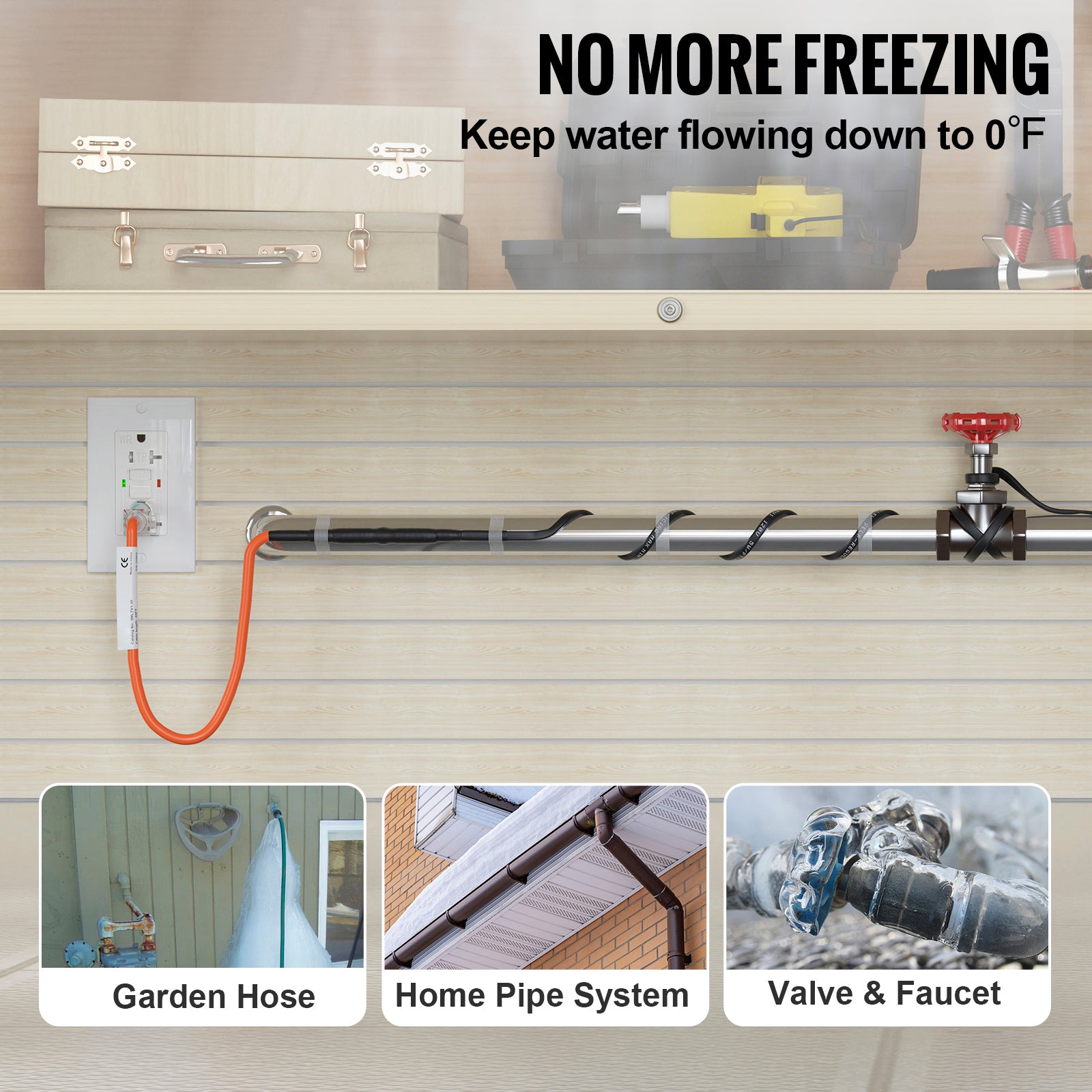 Self-Regulating Pipe Heating Cable, 60-feet 5W/ft Heat Tape for Pipes Freeze Protection, Protects PVC Hose, Metal and Plastic Pipe from Freezing, 120V