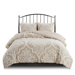 King/Cal King 3 piece Tufted Cotton Chenille Damask Duvet Cover Set