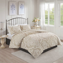 King/Cal King 3 piece Tufted Cotton Chenille Damask Duvet Cover Set