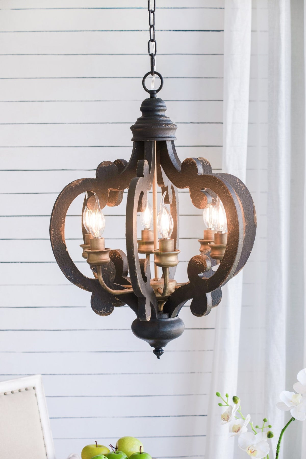 French Country Wood Chandelier, 6-Light Farmhouse Pendant Light Fixture with 28"  Adjustable Chain for Kitchen Foyer Hallway, Bulb Not Included