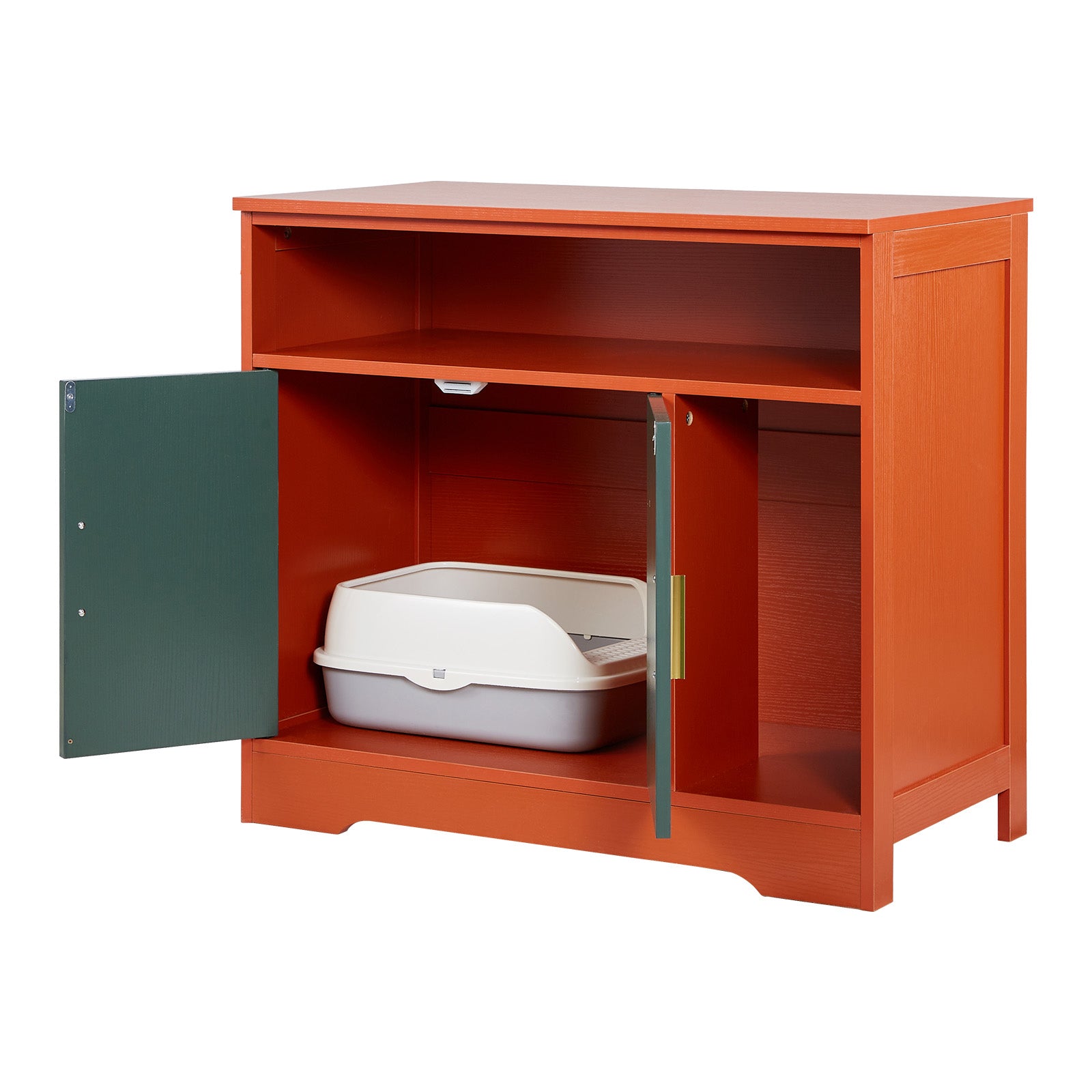 Cat Litter Box Enclosure, 31 in Hidden Litter Box Cabinet with Shelf & Storage, Modern Style Indoor Cat Washroom, Wooden Kitty House Furniture End Table, Fit Most Litterboxes, Red & Green