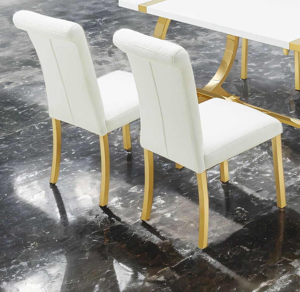 Contemporary Style 2pc Side Chair Channel Tufted Back Seat Stainless Steel O-Shaped Legs With Trestle Base Gold And White Finish