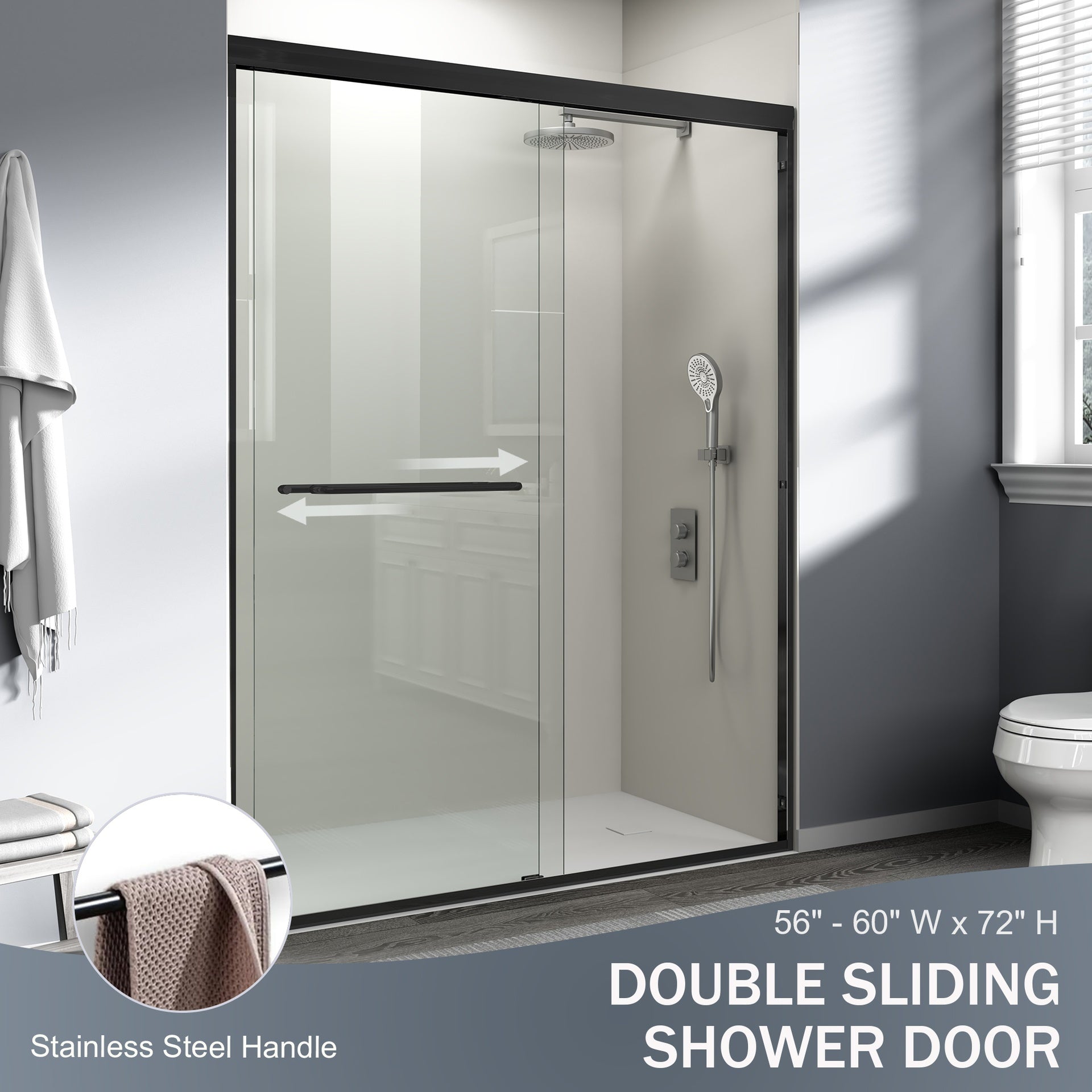 56-60 in. W x 72 in. H Double Sliding Shower Door, Semi-frameless Bathroom Sliding Door with 1/4" (6mm) Tempered Glass for Walk-in Shower, Matte Black CM-24D03-60MBX