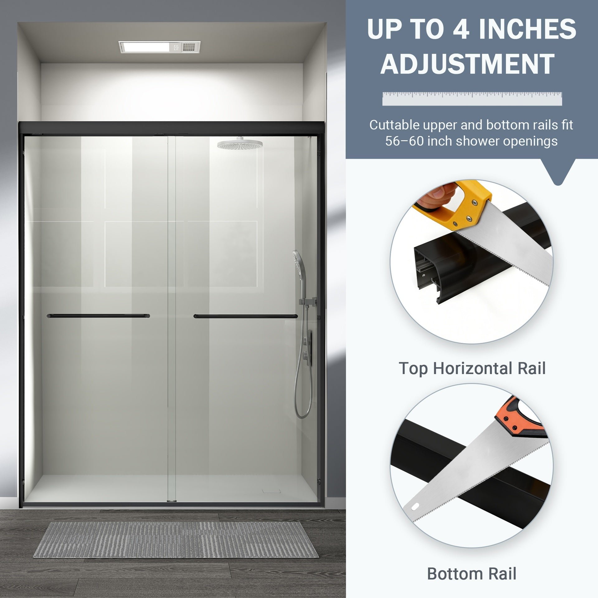 56-60 in. W x 72 in. H Double Sliding Shower Door, Semi-frameless Bathroom Sliding Door with 1/4" (6mm) Tempered Glass for Walk-in Shower, Matte Black CM-24D03-60MBX