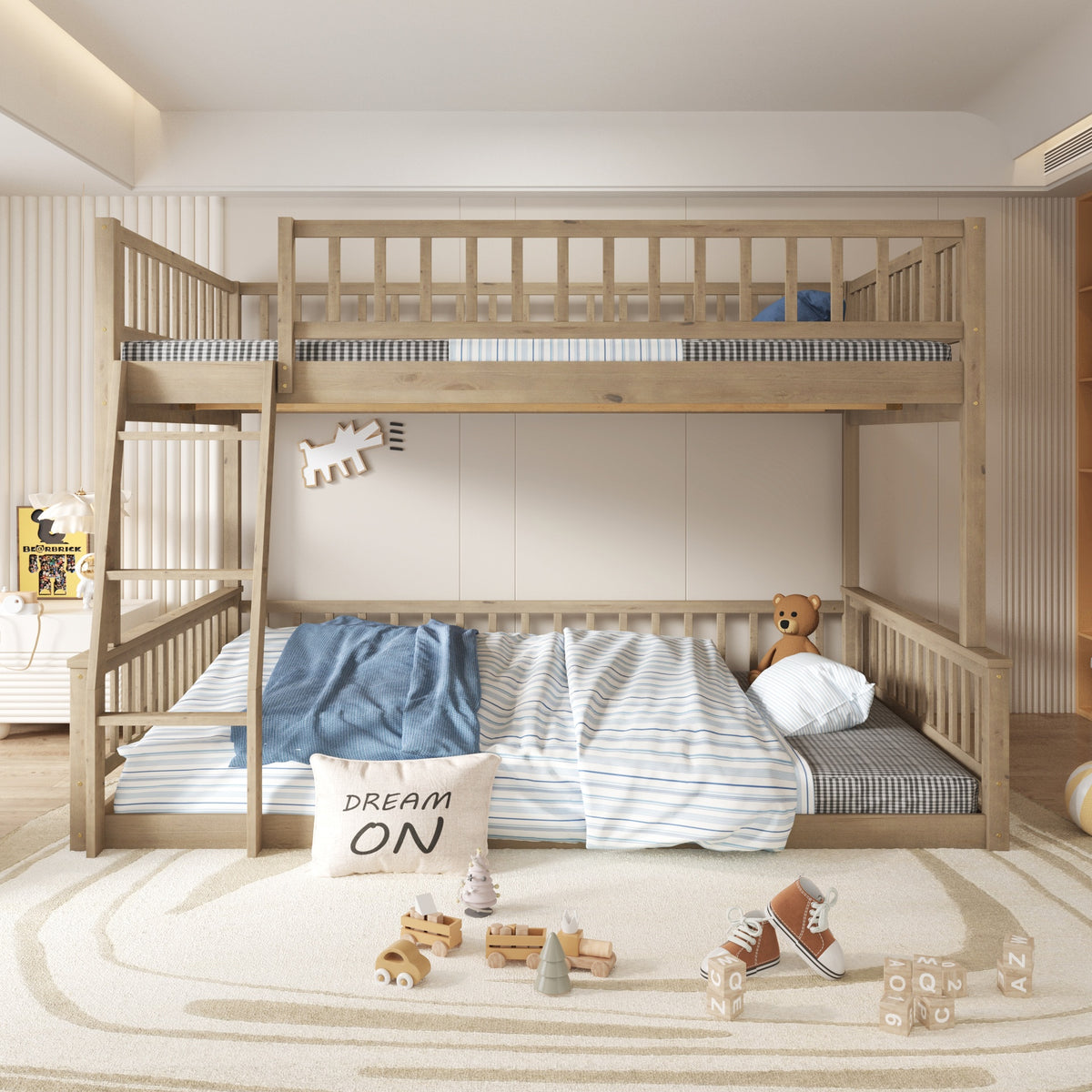 Full XL over Queen Bunk Bed with Ladder and Guardrails, Walnut