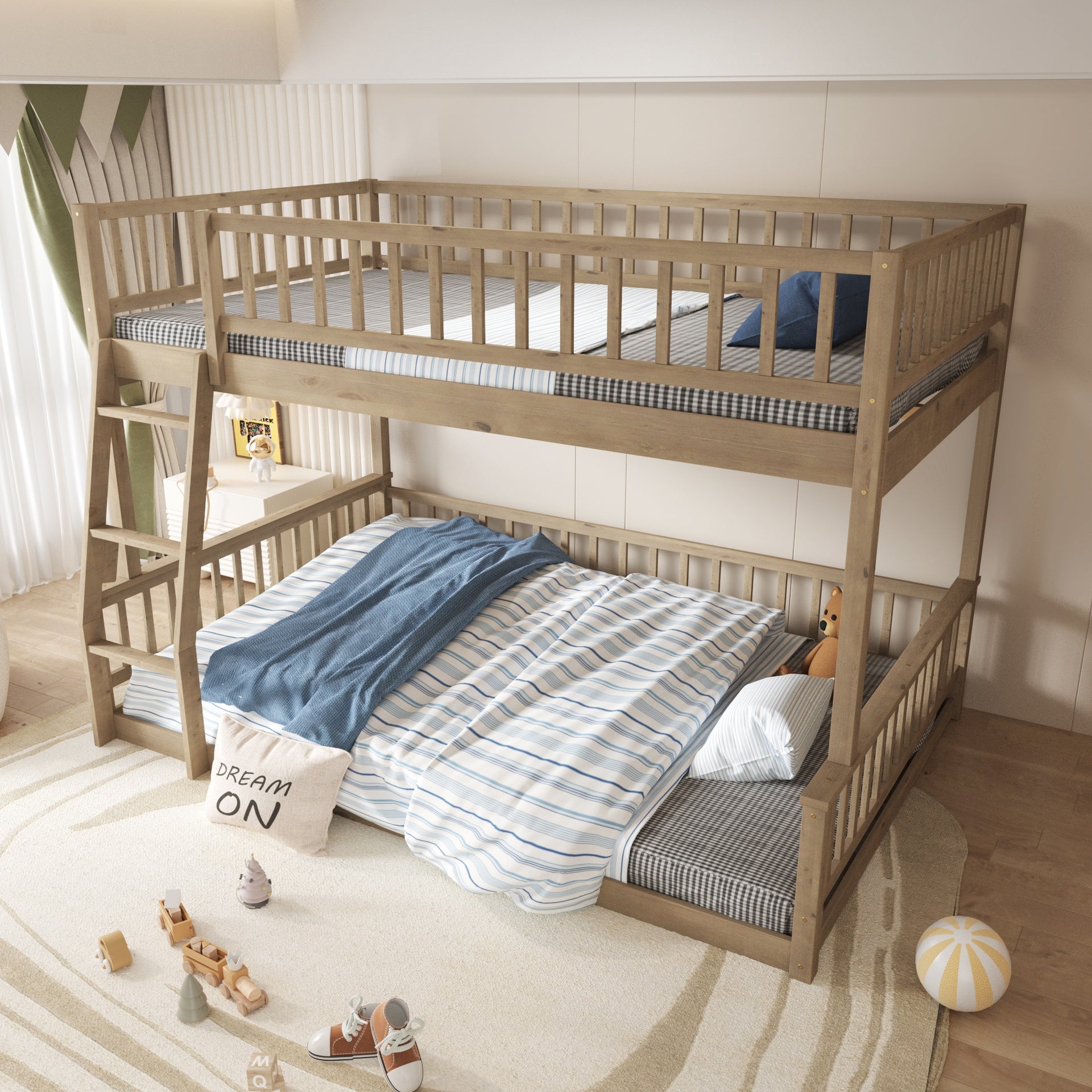 Full XL over Queen Bunk Bed with Ladder and Guardrails, Walnut