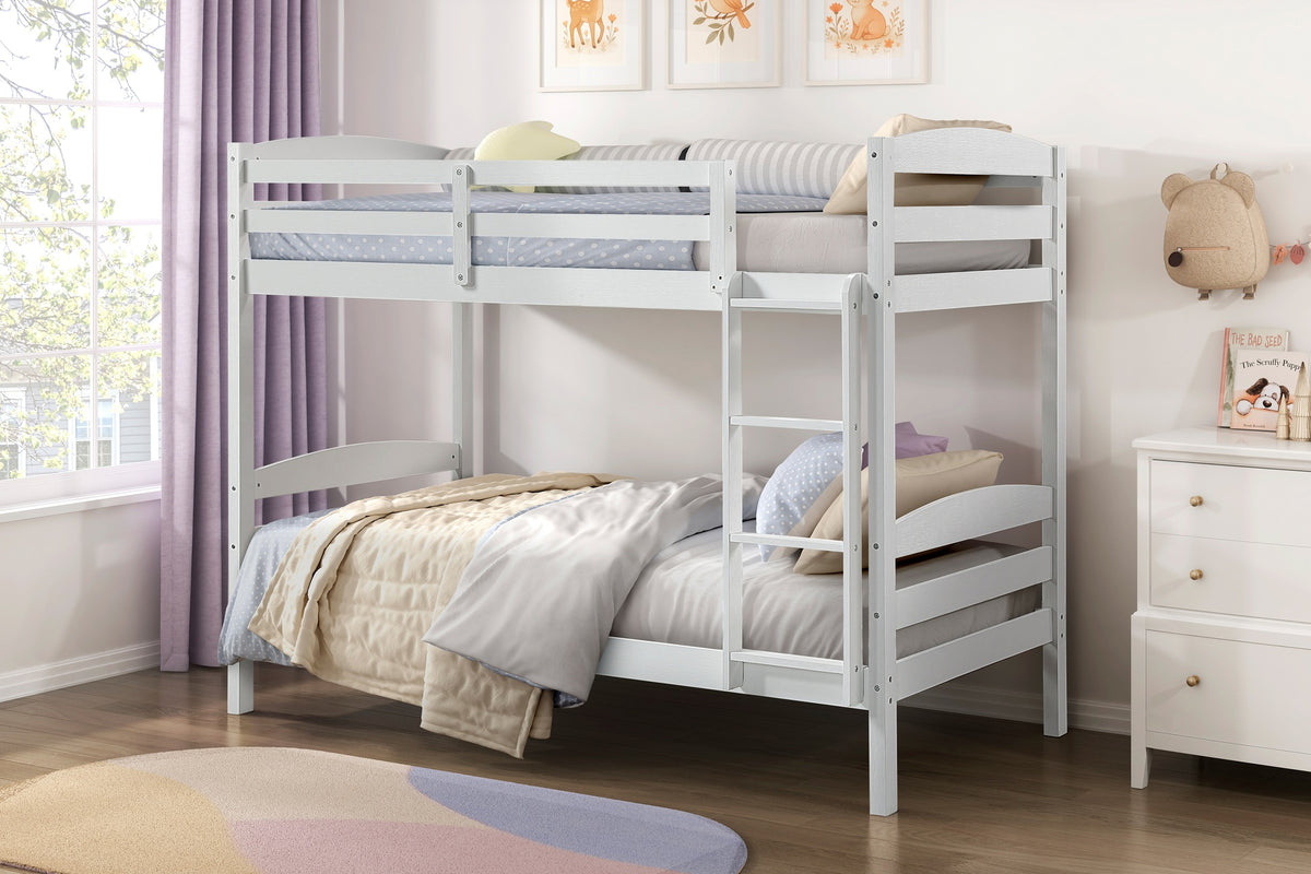 Twin over Twin Bunk Bed with Guard Rails 1pc Sturdy Wood Frame White Finish Youth Bedroom Furniture