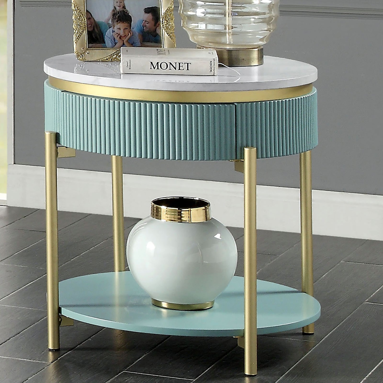 Glam Contemporary Light Teal 1pc End Table White Faux Marble Top Living Room Table Open Bottom Shelve
