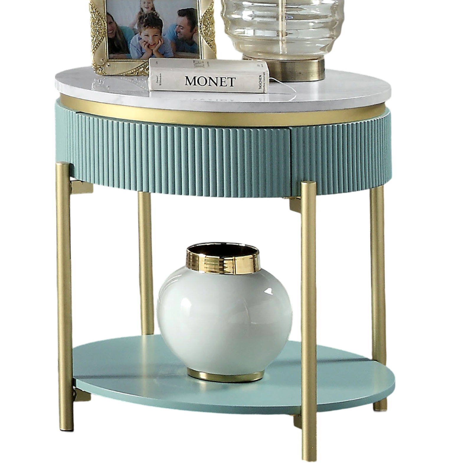 Glam Contemporary Light Teal 1pc End Table White Faux Marble Top Living Room Table Open Bottom Shelve