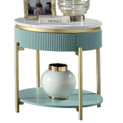 Glam Contemporary Light Teal 1pc End Table White Faux Marble Top Living Room Table Open Bottom Shelve