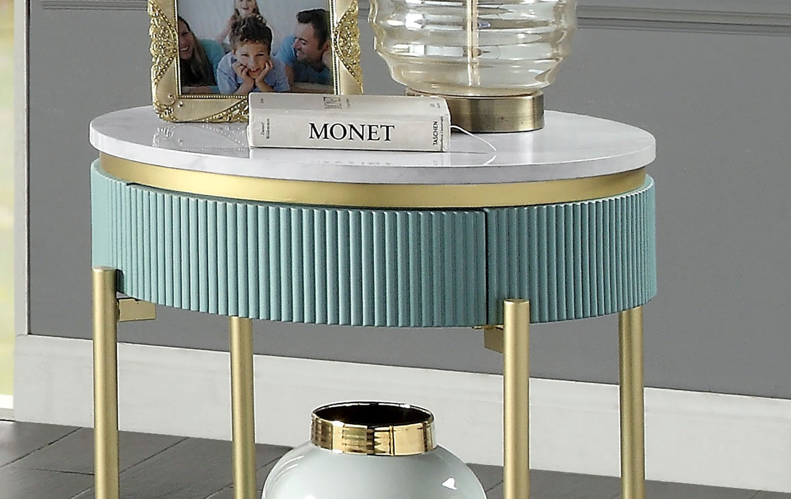 Glam Contemporary Light Teal 1pc End Table White Faux Marble Top Living Room Table Open Bottom Shelve