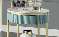 Glam Contemporary Light Teal 1pc End Table White Faux Marble Top Living Room Table Open Bottom Shelve