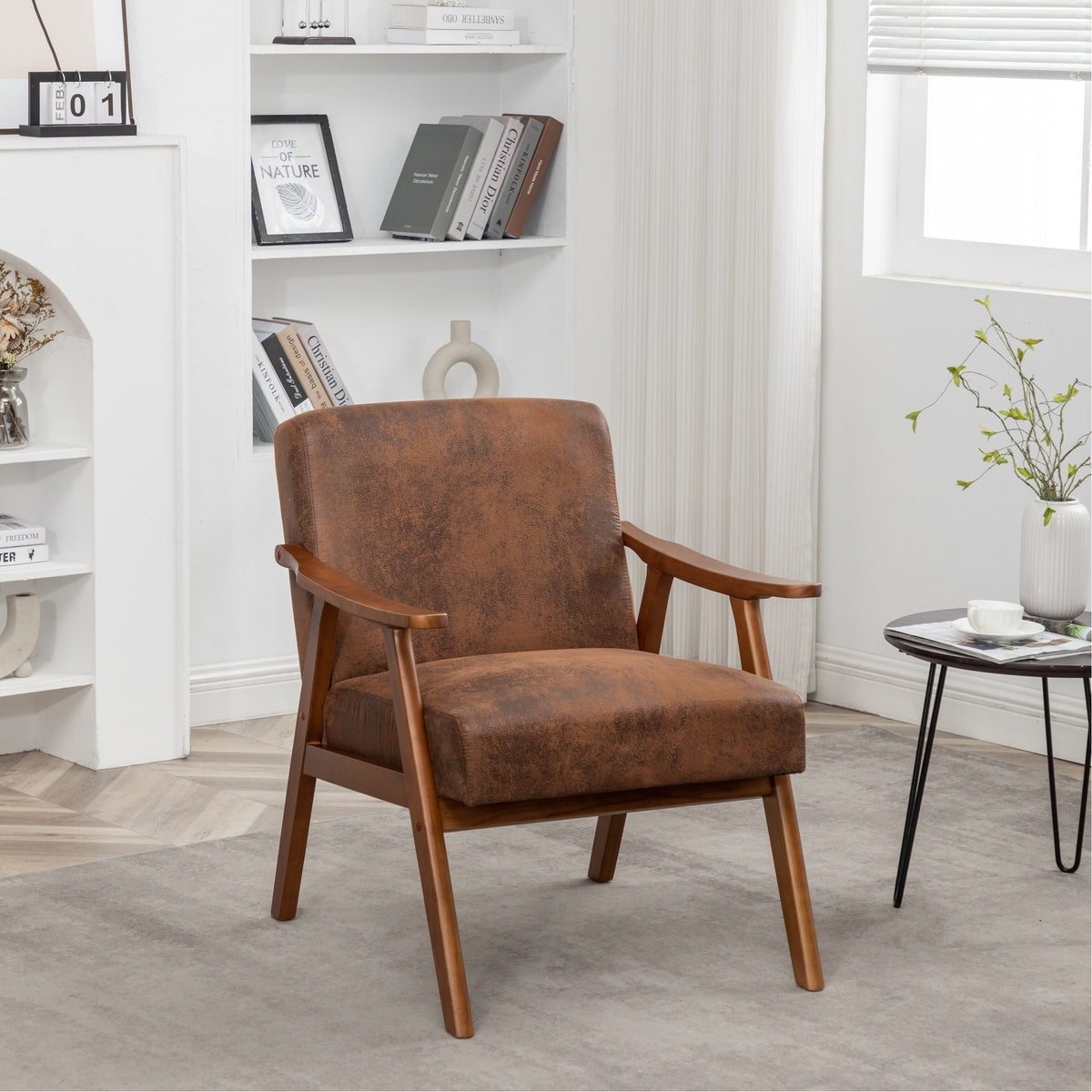 Accent Chair with Microfiber Upholstery and Solid Wood Frame, Classic Mid-Century Modern Living Room Furniture for Extra Seating, Brown