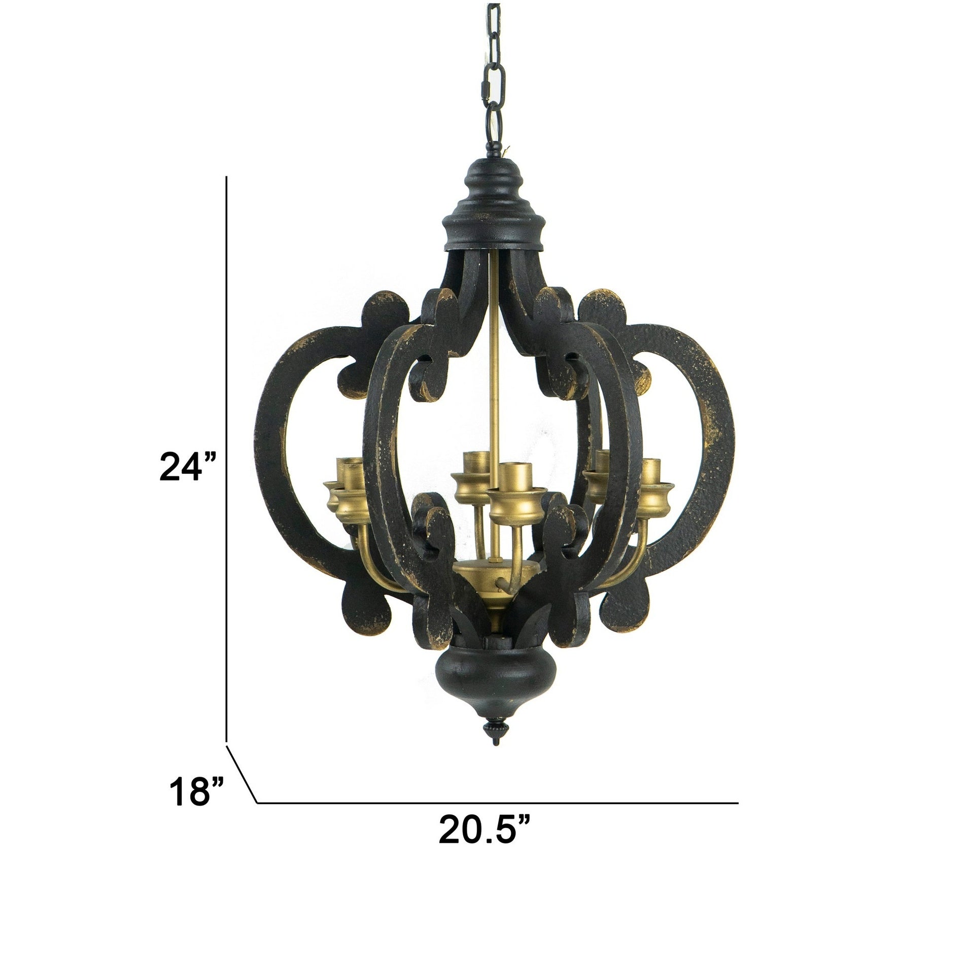 Aki 21 Inch Carved Wood Chandelier, 6 Lights, Vintage Classic, Black, Gold
