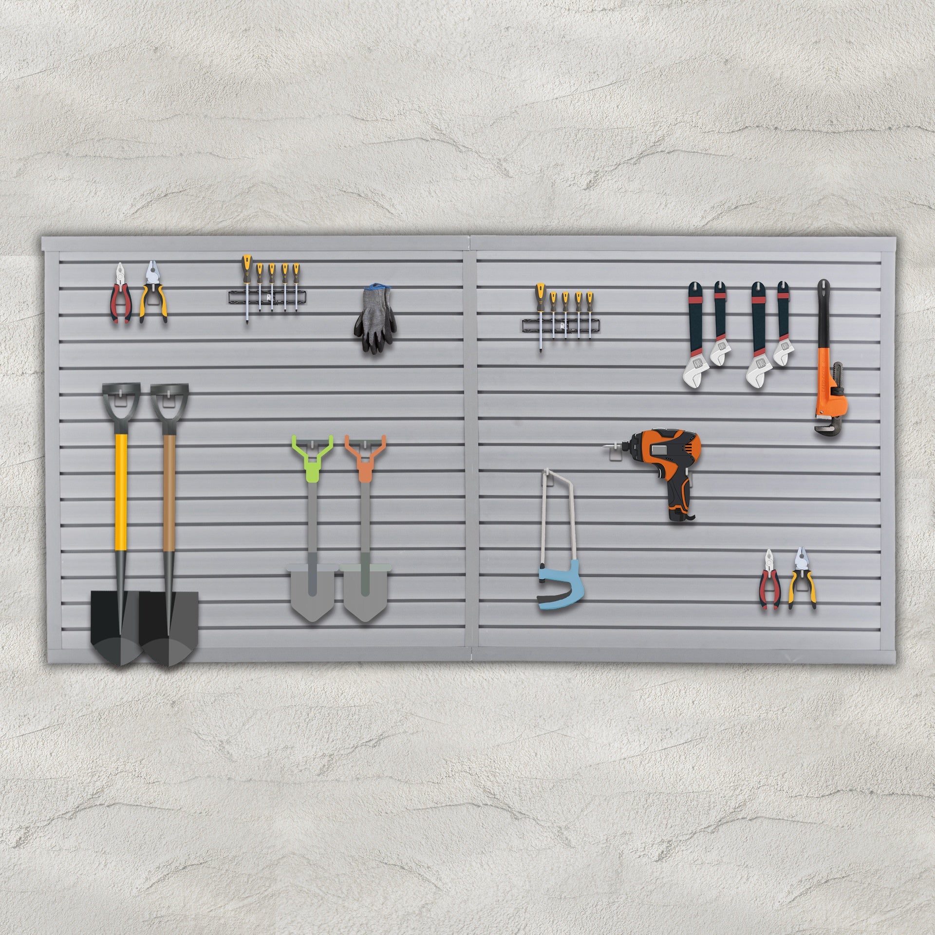 Heavy Duty PVC Slatwall Garage Organizer, 8ft x 4ft Section with 10 Panels, Industrial Strength Storage, Charcoal Dark Grey Color, Wall Mounted Tool Rack System