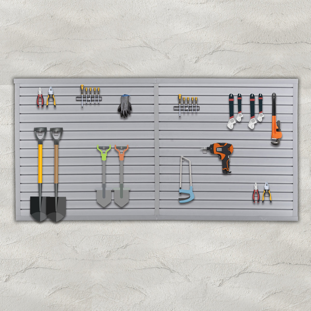 Heavy Duty PVC Slatwall Garage Organizer, 8ft x 4ft Section with 10 Panels, Industrial Strength Storage, Charcoal Dark Grey Color, Wall Mounted Tool Rack System