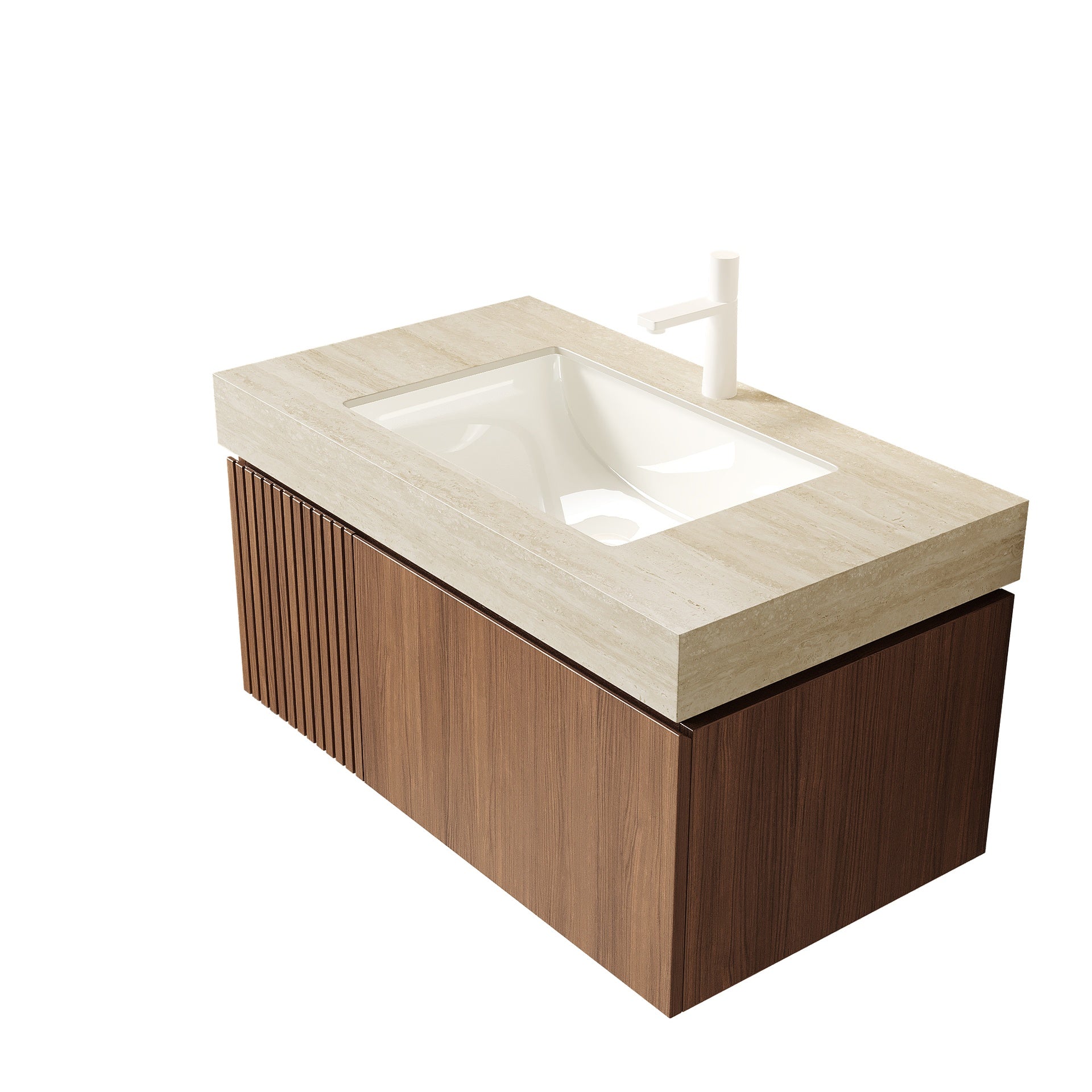 MURI 36" Bathroom Vanity&Sink, Floating Plywood Storage Cabinet with Drawer&Door, Roma Travertine Sintered Stone Top&Ceramic Basin with 1 Pre-drilled Faucet Hole, Pre-assembled, Brown Oak Woodgrain