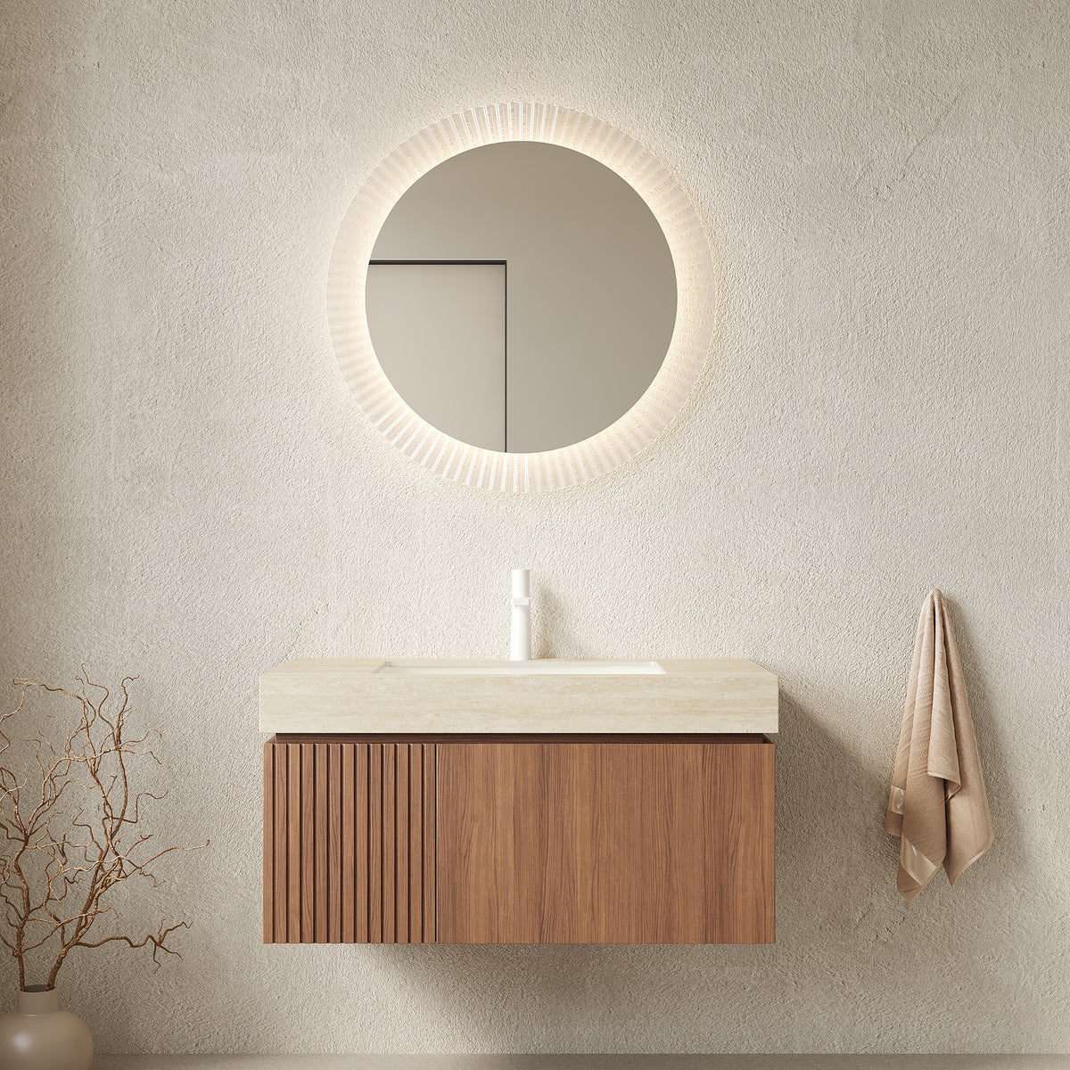 MURI 36" Bathroom Vanity&Sink, Floating Plywood Storage Cabinet with Drawer&Door, Roma Travertine Sintered Stone Top&Ceramic Basin with 1 Pre-drilled Faucet Hole, Pre-assembled, Brown Oak Woodgrain