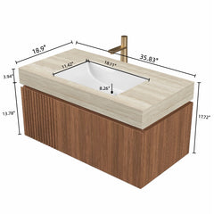 MURI 36" Bathroom Vanity&Sink, Floating Plywood Storage Cabinet with Drawer&Door, Roma Travertine Sintered Stone Top&Ceramic Basin with 1 Pre-drilled Faucet Hole, Pre-assembled, Brown Oak Woodgrain