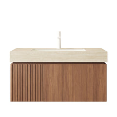 MURI 36" Bathroom Vanity&Sink, Floating Plywood Storage Cabinet with Drawer&Door, Roma Travertine Sintered Stone Top&Ceramic Basin with 1 Pre-drilled Faucet Hole, Pre-assembled, Brown Oak Woodgrain