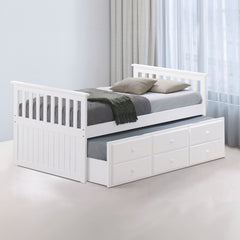 Transitional Style Captain Bed With Trundle And 3 Drawers Attached Slat Design Mortise & Tenon Joint White Finish