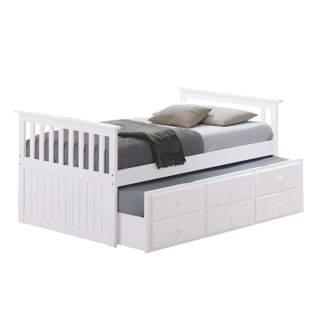 Transitional Style Captain Bed With Trundle And 3 Drawers Attached Slat Design Mortise & Tenon Joint White Finish