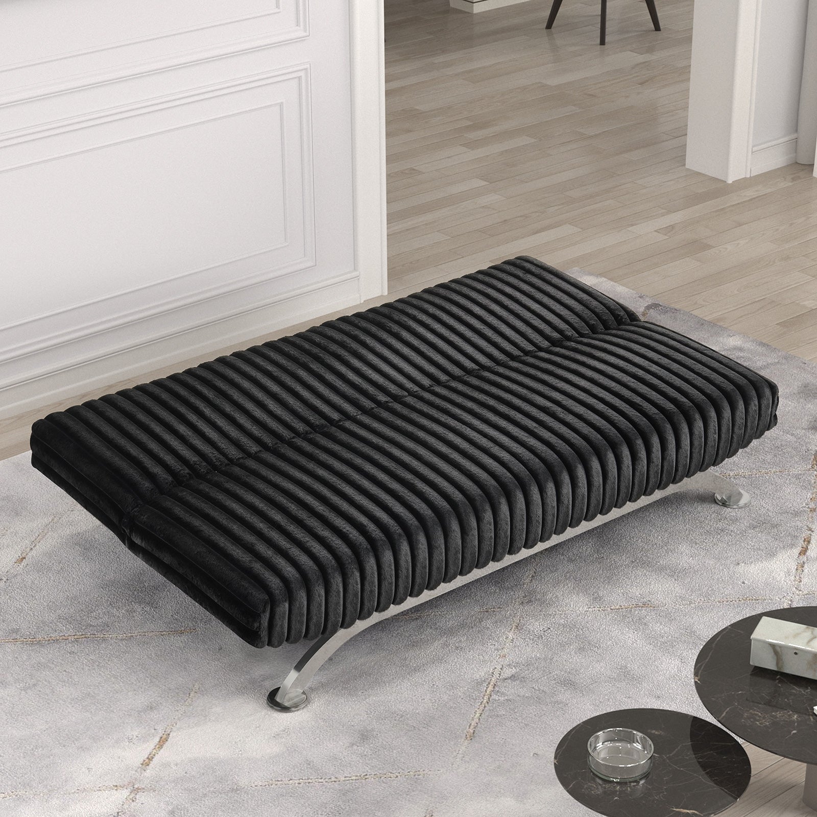 Futon Sofa Bed Contemporary Style Chrome Finish Metal Base Legs Converted Into Legs With Hidden supported Legs Black Finish