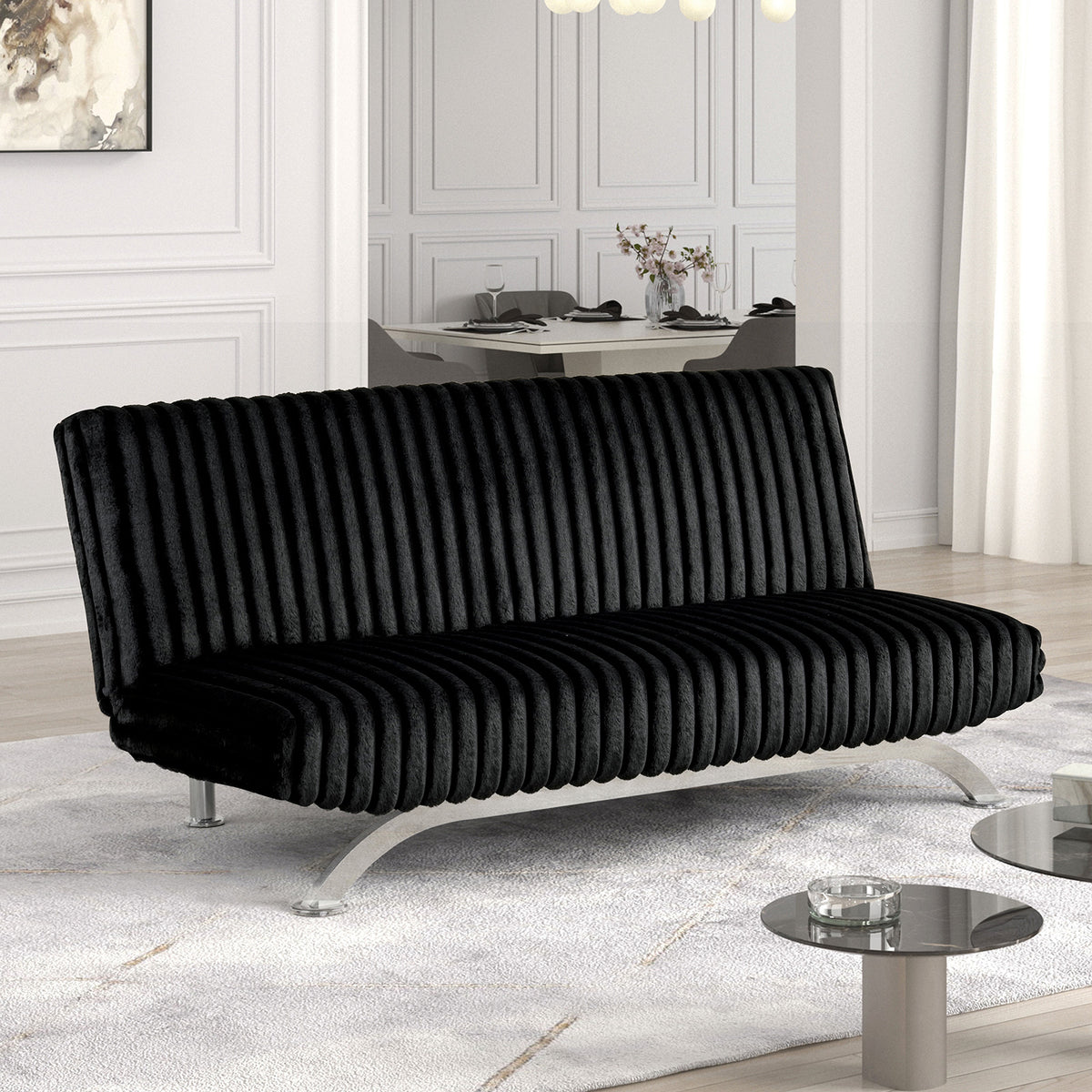 Futon Sofa Bed Contemporary Style Chrome Finish Metal Base Legs Converted Into Legs With Hidden supported Legs Black Finish