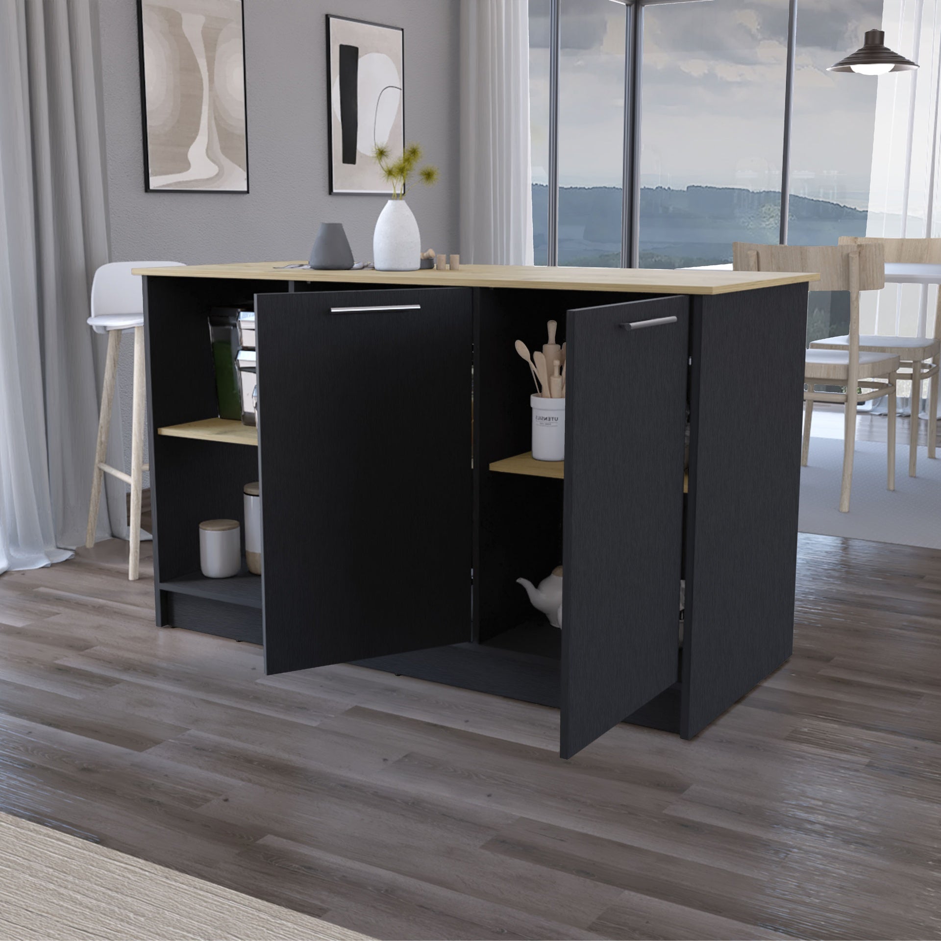 Mercury Kitchen Island with spacious Countertop, Double Door Cabinets, and 2 Open Storage Shelves