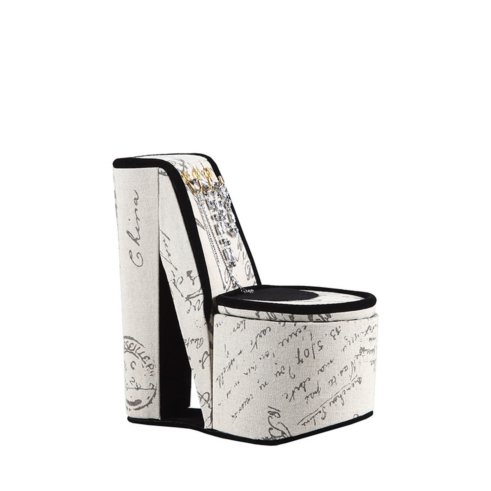 High Heel Script Shoe Jewelry Box with 3 Hooks, Beige and Black