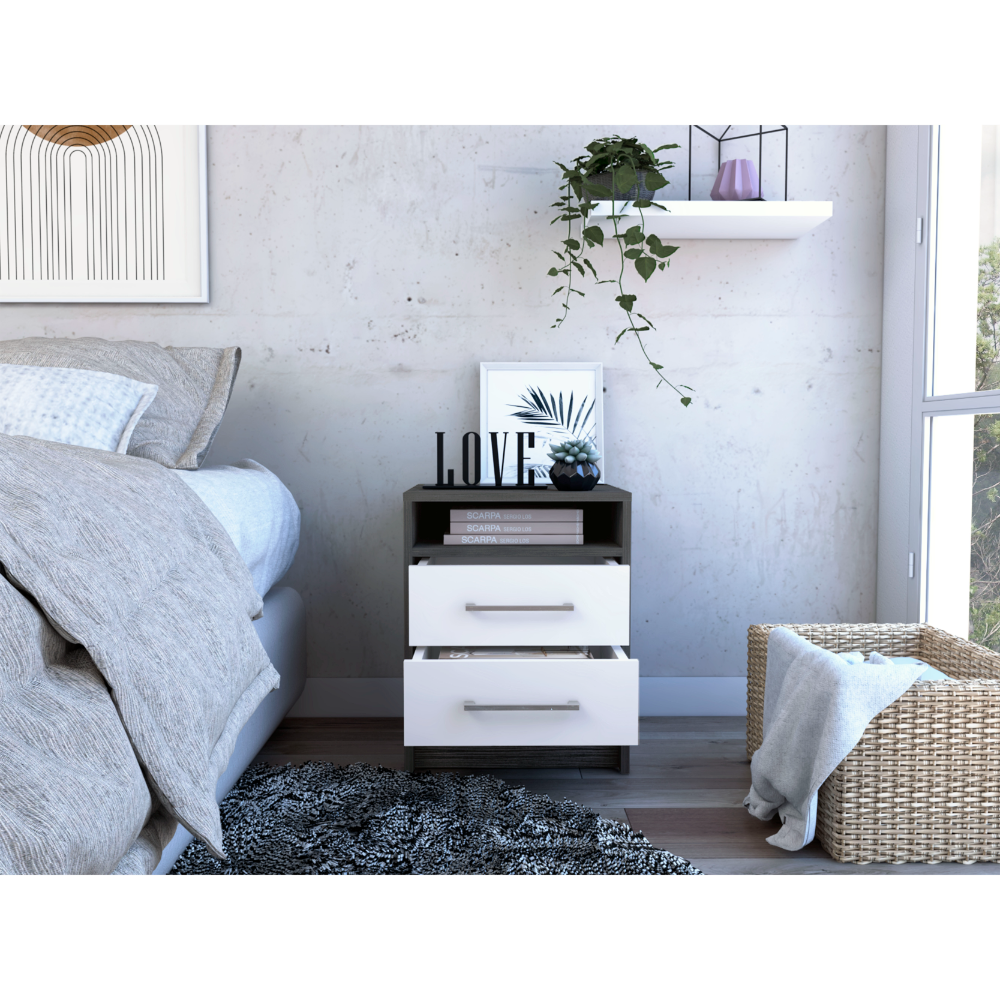 Nightstand 20"H, Two Drawers, Superior Top, Metal Handles, Smokey Oak / White