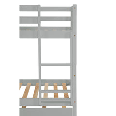 Twin Over Twin Rubber Wood Bunk Bed with Trundle, Convertible into Twin Size Beds, Twin Size Bunk Bed with Ladder and Safety Guardrails,Grey