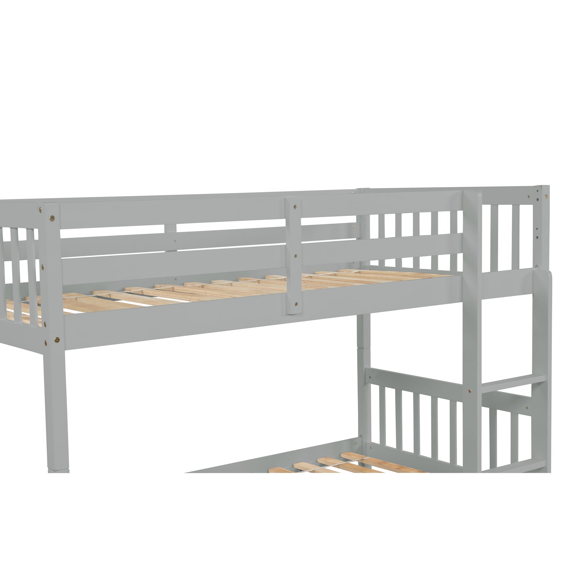 Twin Over Twin Rubber Wood Bunk Bed with Trundle, Convertible into Twin Size Beds, Twin Size Bunk Bed with Ladder and Safety Guardrails,Grey