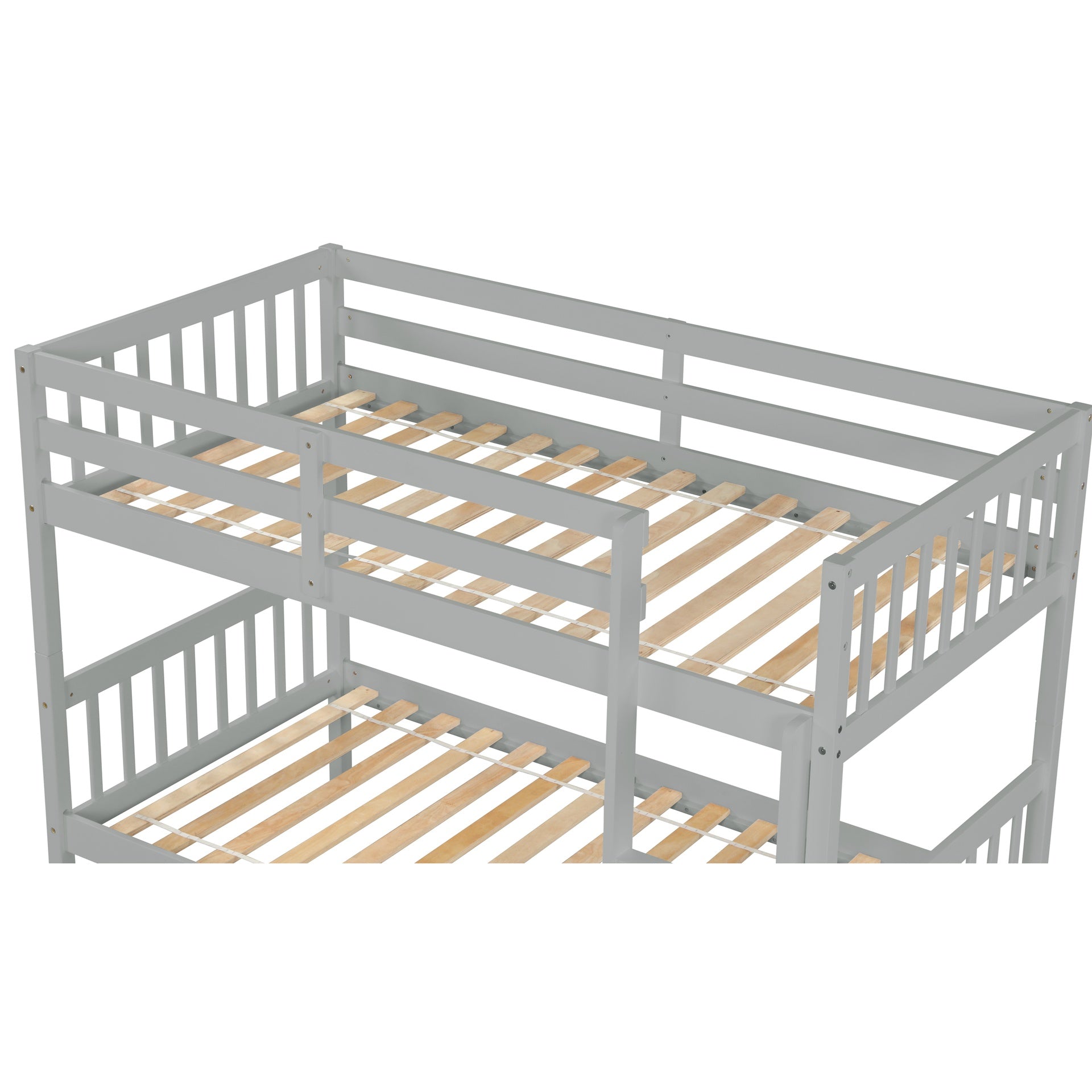 Twin Over Twin Rubber Wood Bunk Bed with Trundle, Convertible into Twin Size Beds, Twin Size Bunk Bed with Ladder and Safety Guardrails,Grey