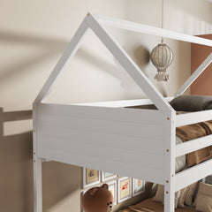 Twin Over Twin House Floor Bunk Bed with Headboards, Footboards and Guardrails, Ladder, Rubber Wood Bunk Bed with Safety Guardrails,White