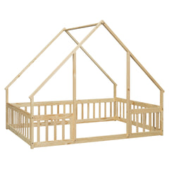 Full Wood House-Shaped Floor Bed with Fence, Guardrails,Natural