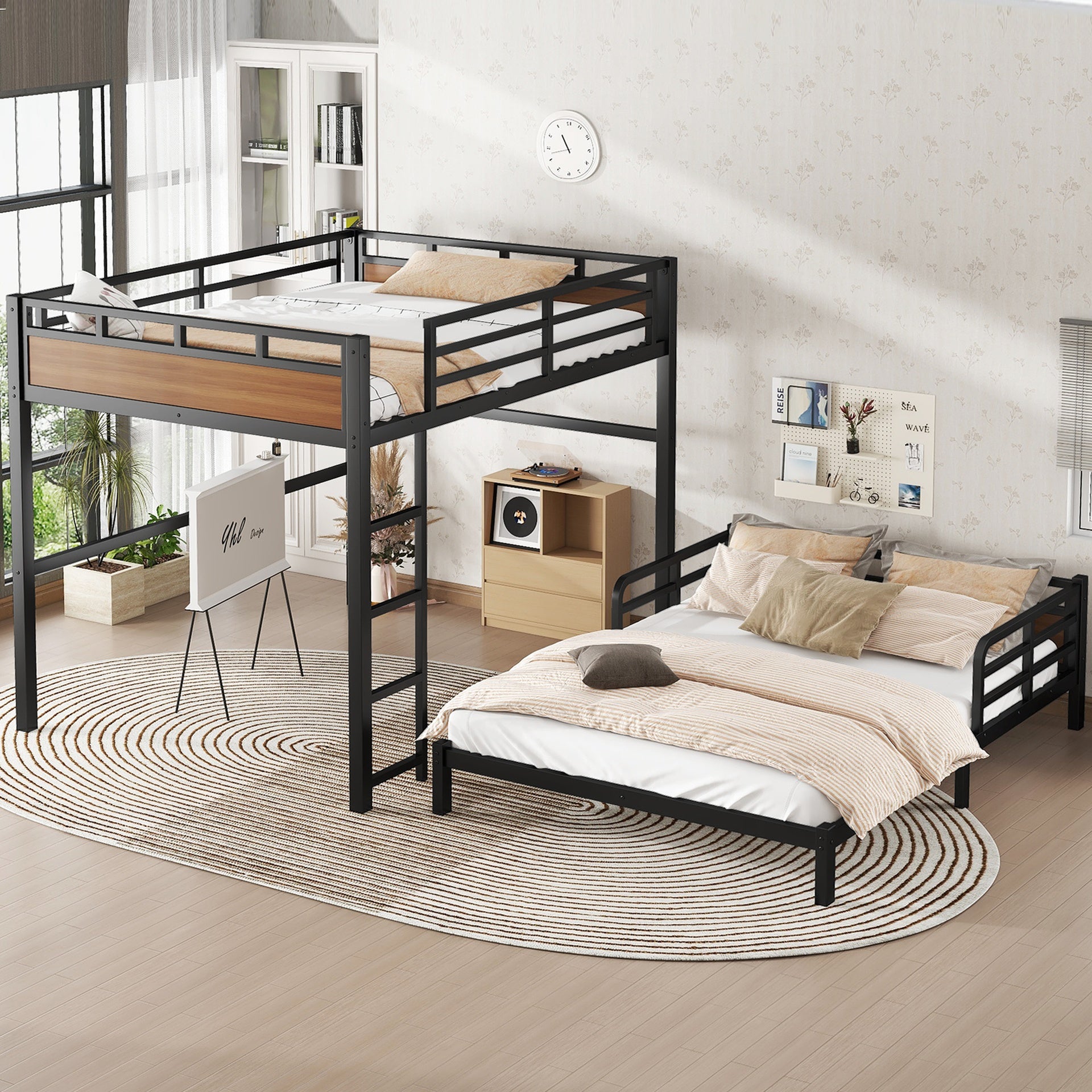 Queen over Queen Metal Bunk Bed/Metal Loft Bed,Separable Bunk Beds,with raised security fence,Walnut Color