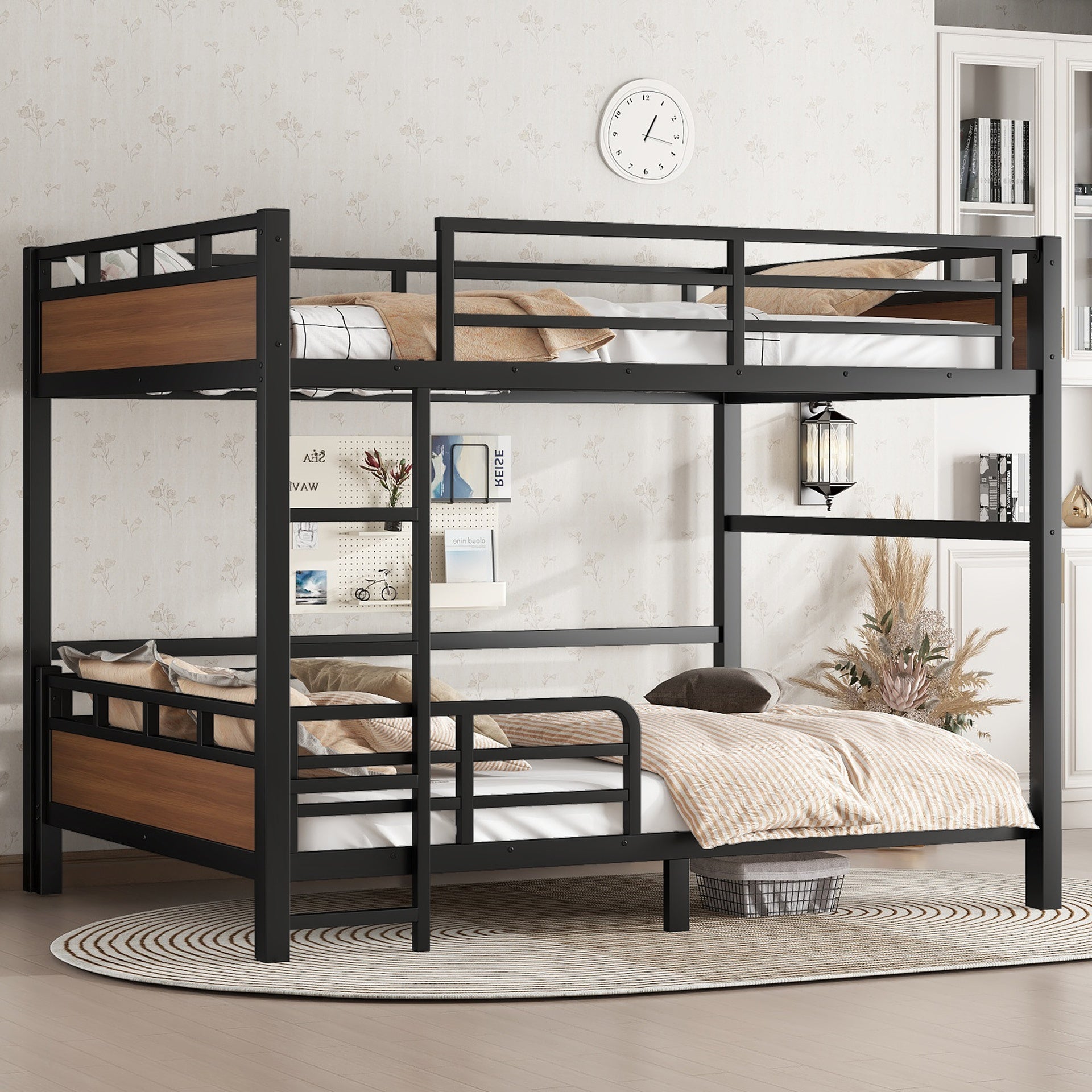 Queen over Queen Metal Bunk Bed/Metal Loft Bed,Separable Bunk Beds,with raised security fence,Walnut Color