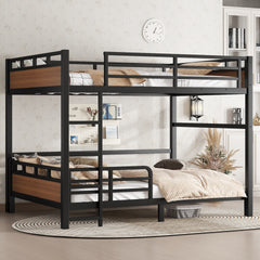 Queen over Queen Metal Bunk Bed/Metal Loft Bed,Separable Bunk Beds,with raised security fence,Walnut Color