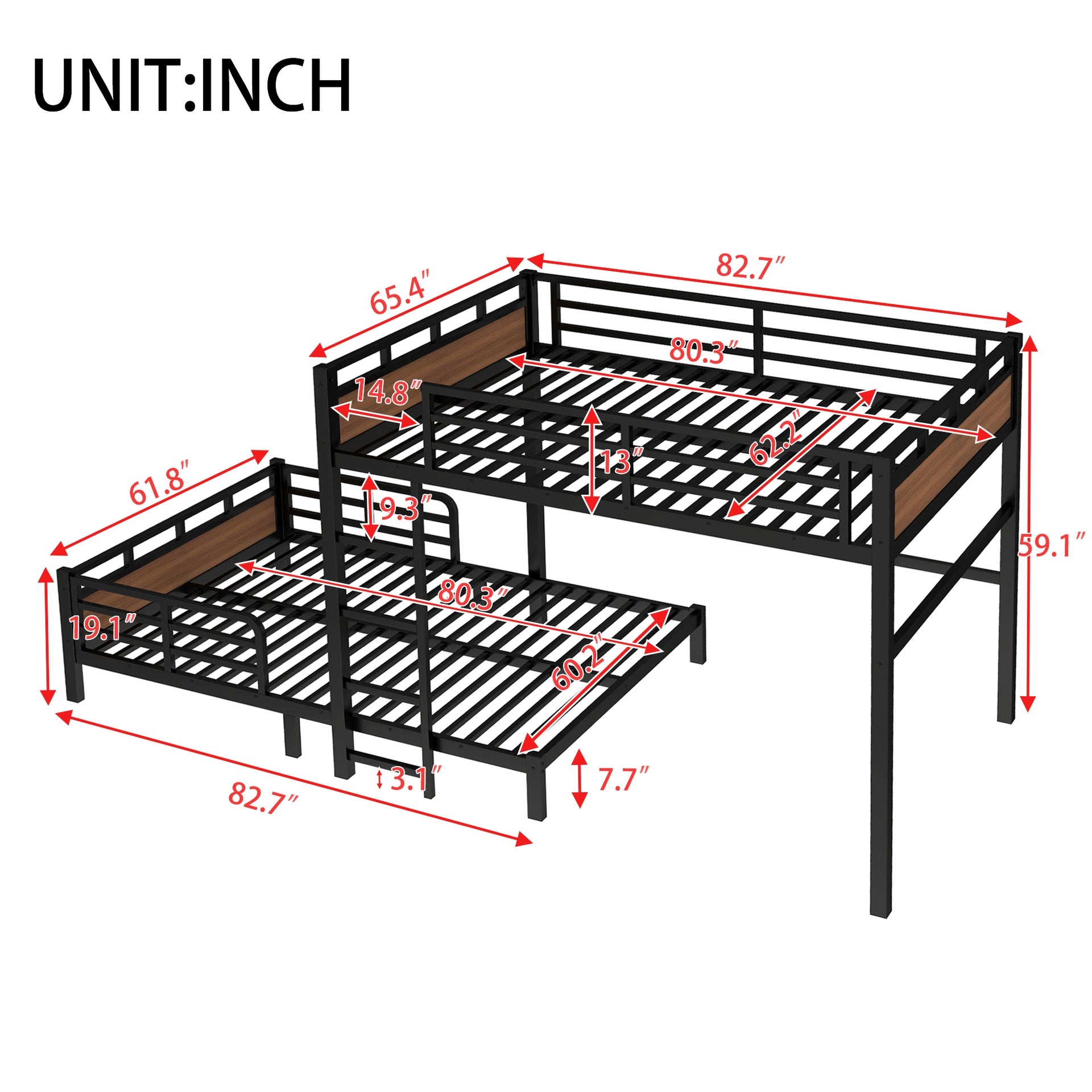 Queen over Queen Metal Bunk Bed/Metal Loft Bed,Separable Bunk Beds,with raised security fence,Walnut Color