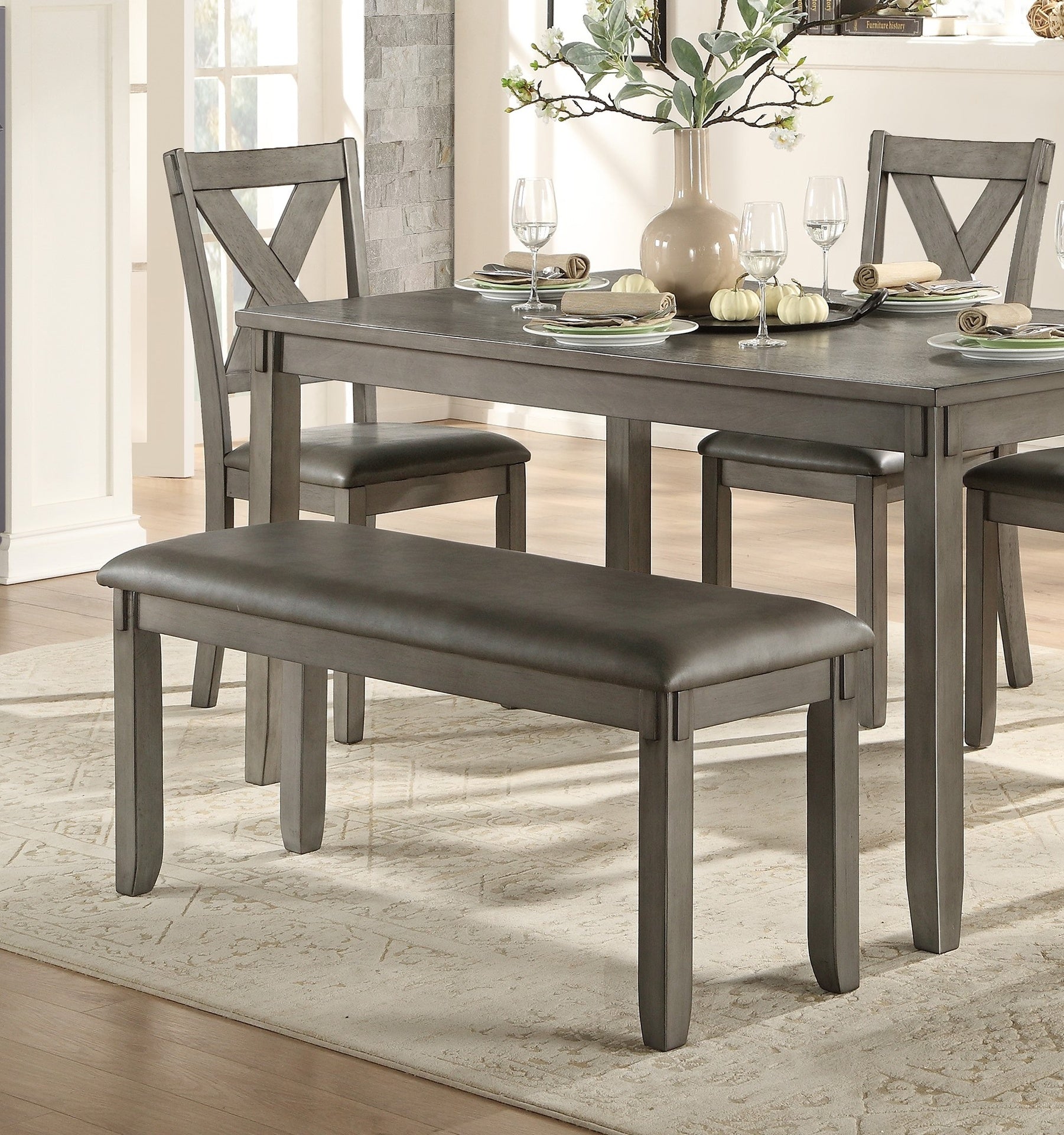 Transitional 6-Piece Dining Set Gray Finish Dining Table Bench 4x Side Chairs Upholstered Seats Wooden Dining Kitchen Furniture