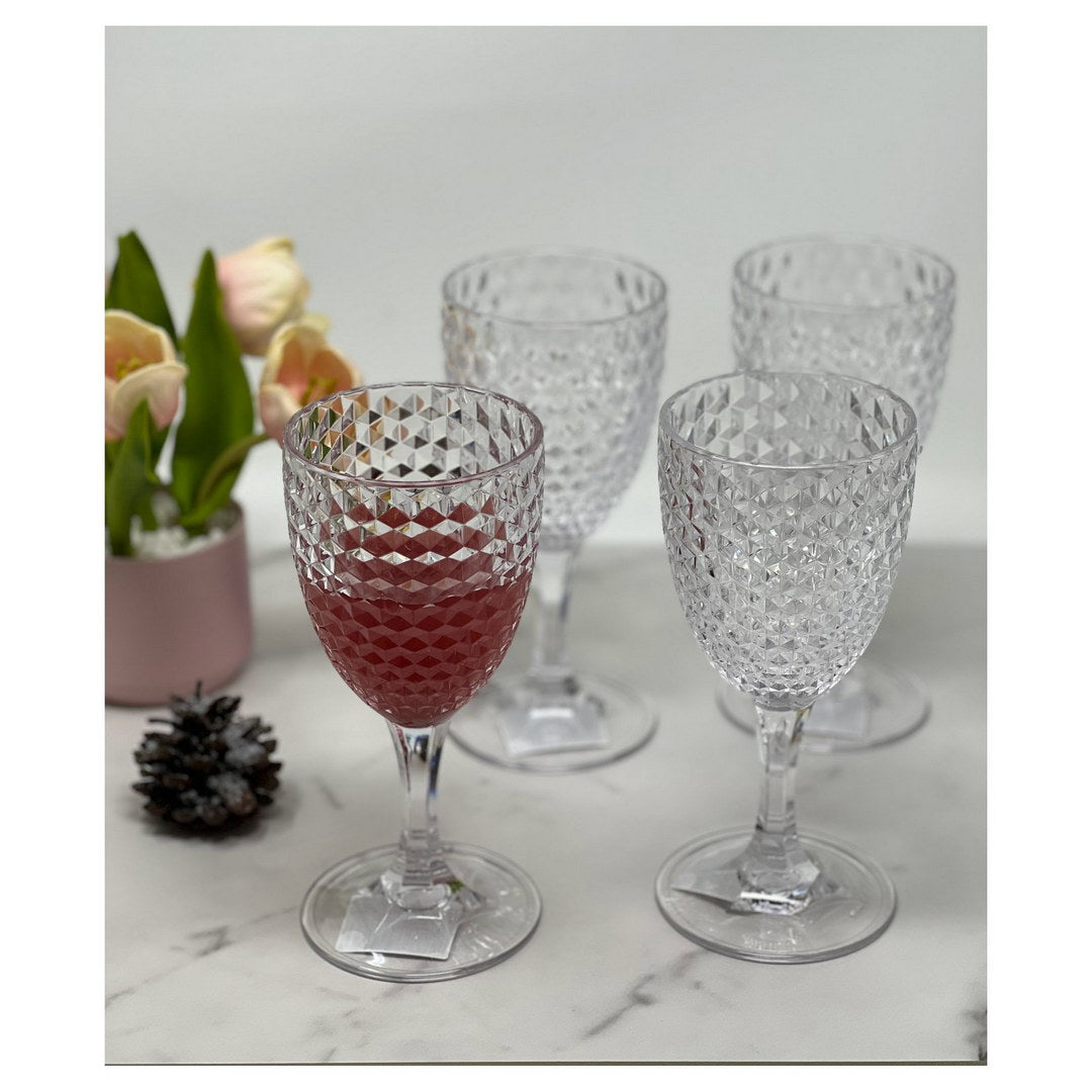 Diamond Cut Plastic Wine Glasses Set of 4 (12oz), BPA Free Acrylic Wine Glass Set, Unbreakable Red Wine Glasses, White Wine Glasses