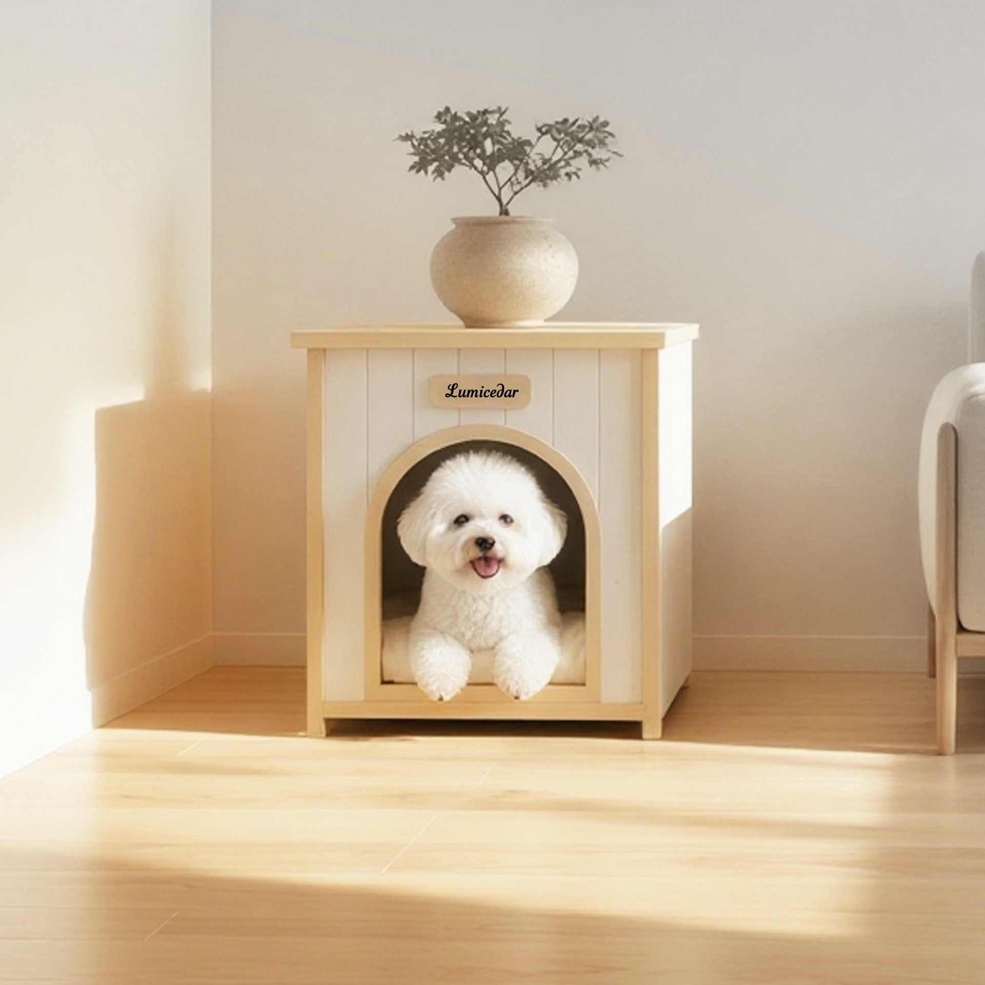Lumicedar Cream Yellow Flat Roof Pet House  FSC Solid Wood 53×51.6×60 cm Indoor Shelter for Small Cats & Dogs
