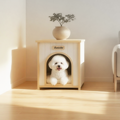 Lumicedar Cream Yellow Flat Roof Pet House  FSC Solid Wood 53×51.6×60 cm Indoor Shelter for Small Cats & Dogs