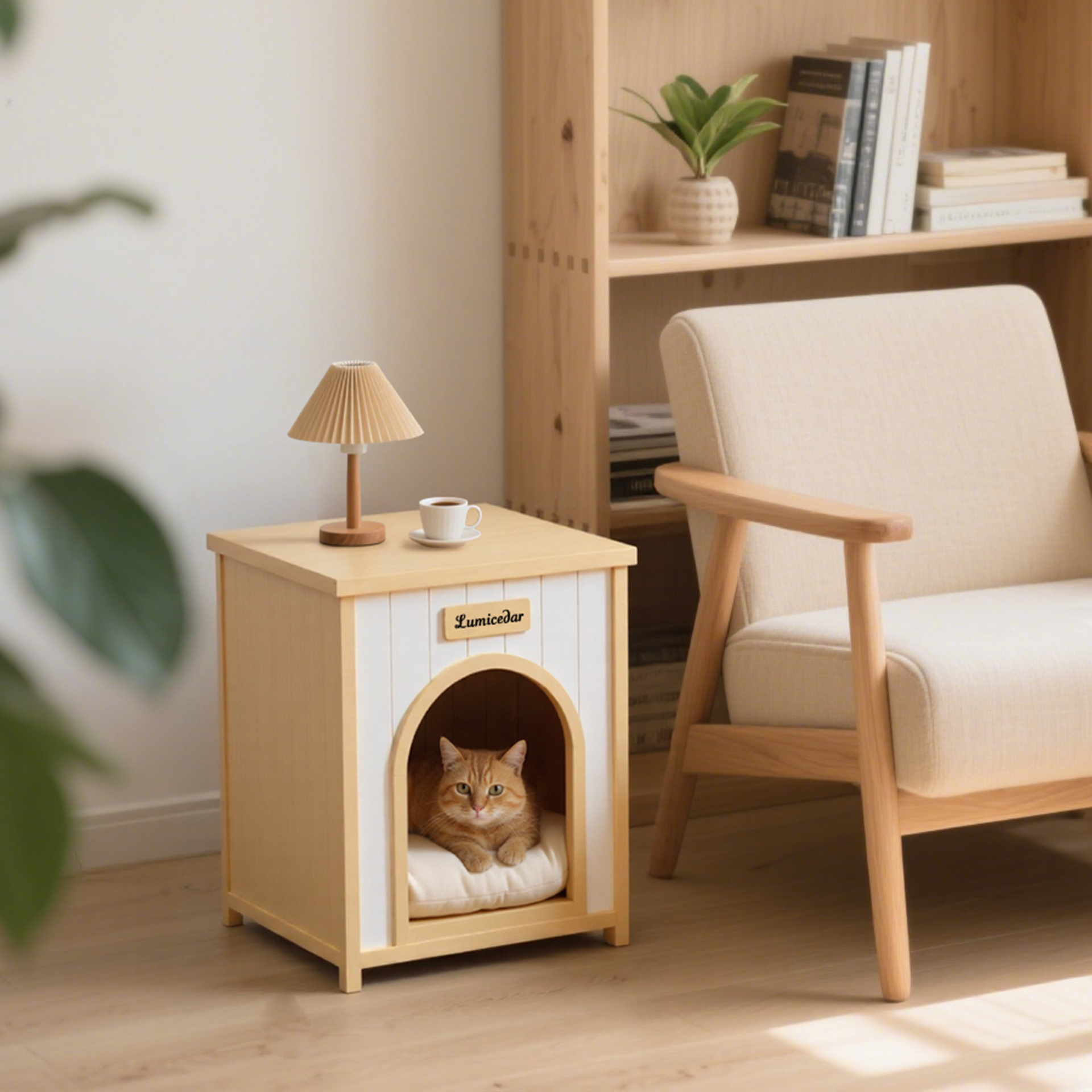 Lumicedar Cream Yellow Flat Roof Pet House  FSC Solid Wood 53×51.6×60 cm Indoor Shelter for Small Cats & Dogs
