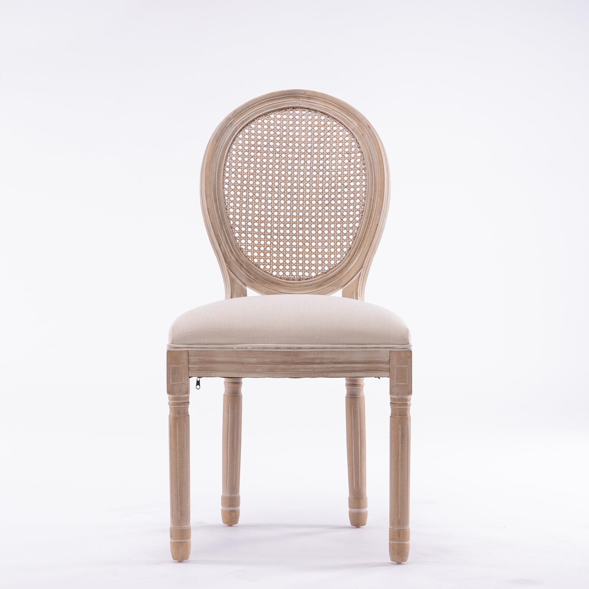 French Style Solid Wood Frame Linen Fabric Rattan Back Dining Chair,Set of 2, Beige